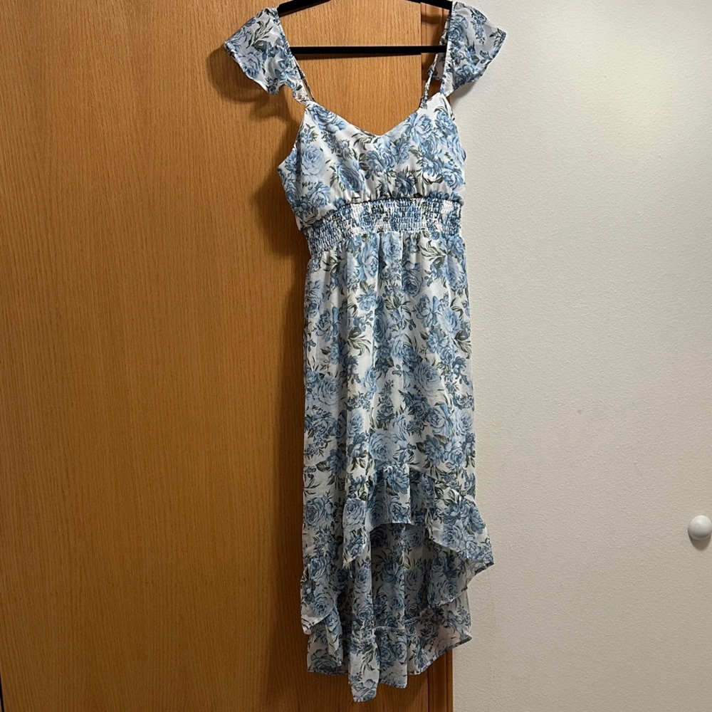 No Boundaries Floral Blue and White High Low Dress